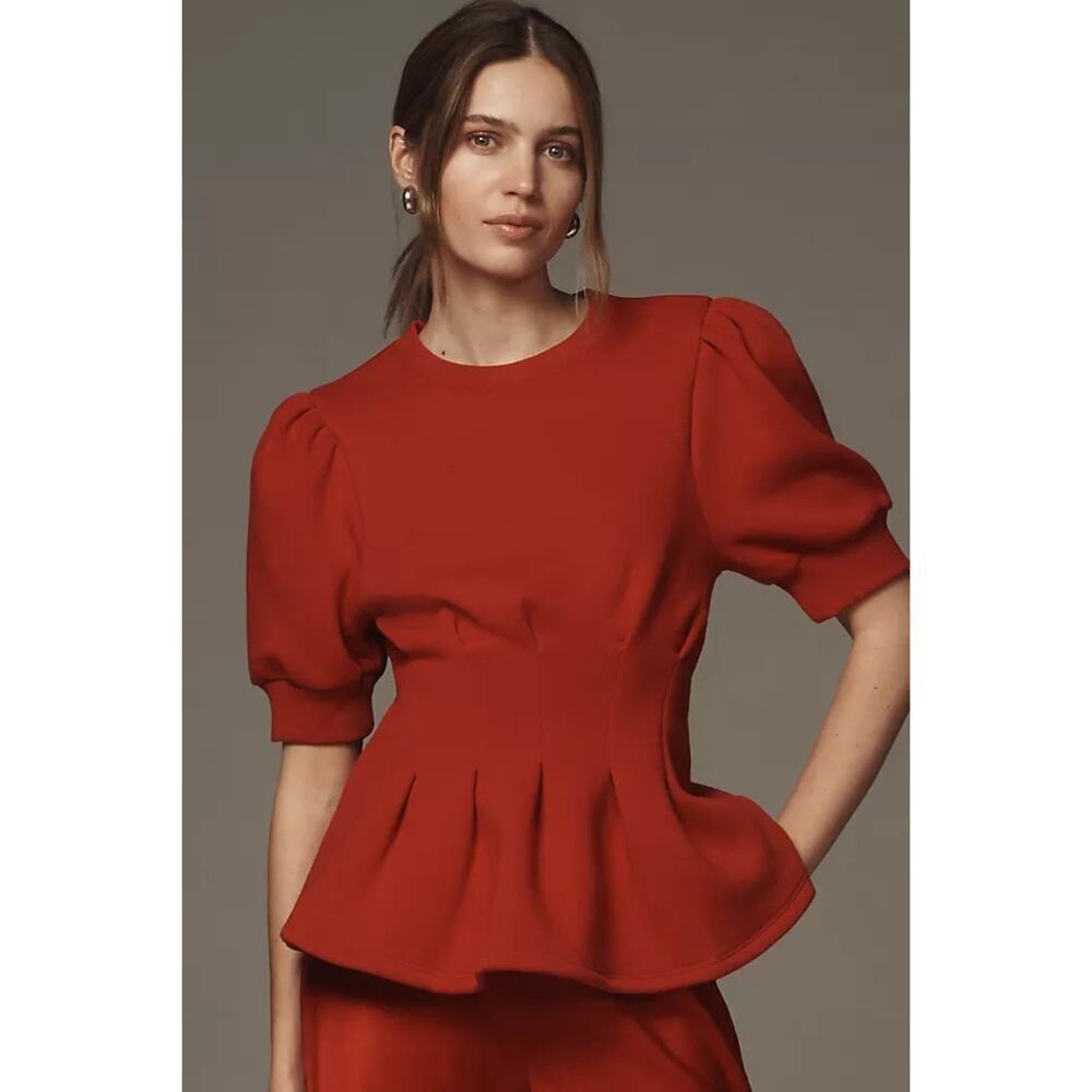 Anthropologie Maeve Puff Sleeve Pleated Waist Peplum Top Red Size XS